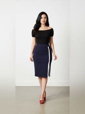 RockSteady Pencil Midi Skirt in Blue & White, Size 3X, EUC